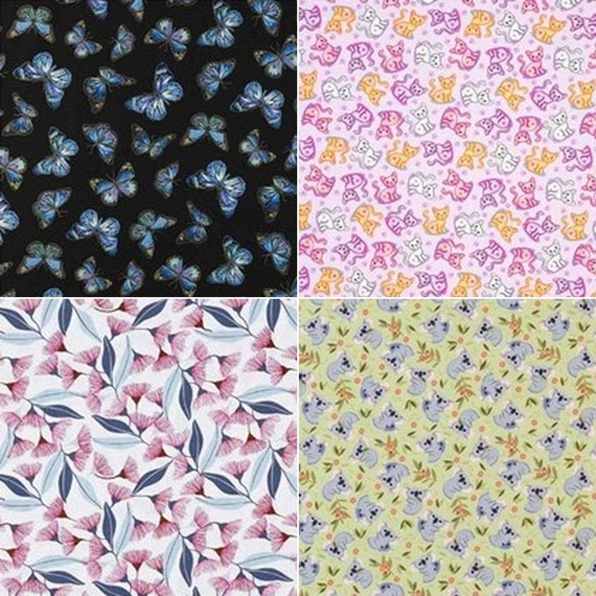 Eye pillow fabrics: Butterfly Beauty Sleep, Catnap Kittens, Gum Blossom Dreams, Koala Nap Time