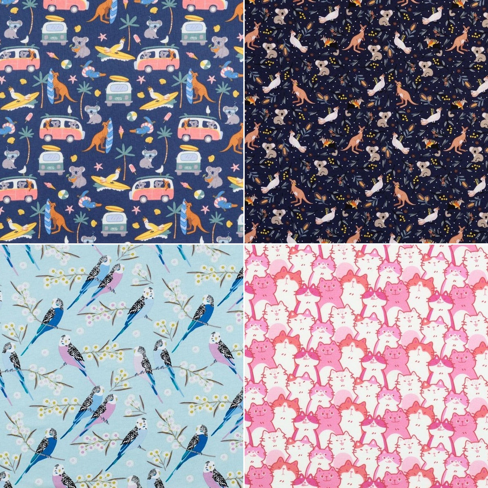Fabric options: Surf Trip, Australian Animals, Budgie Snugglers, Cats