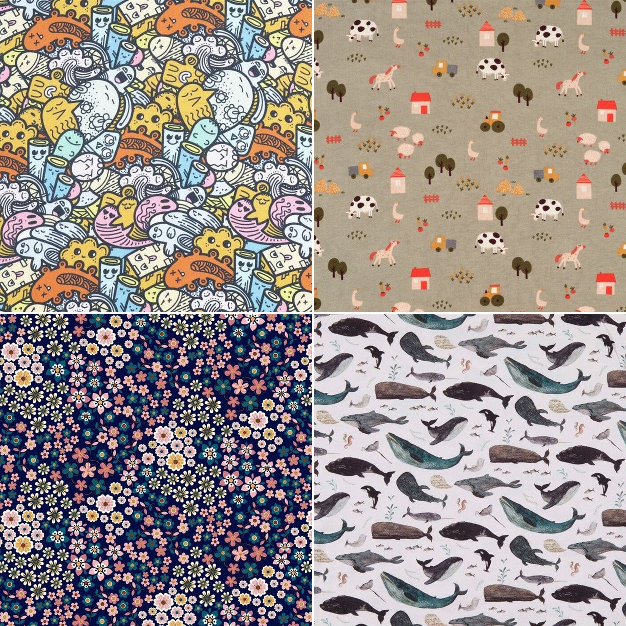 Fabric options: Cosmic Monsters, Farm Sage, Printed Flowers, Sea Life